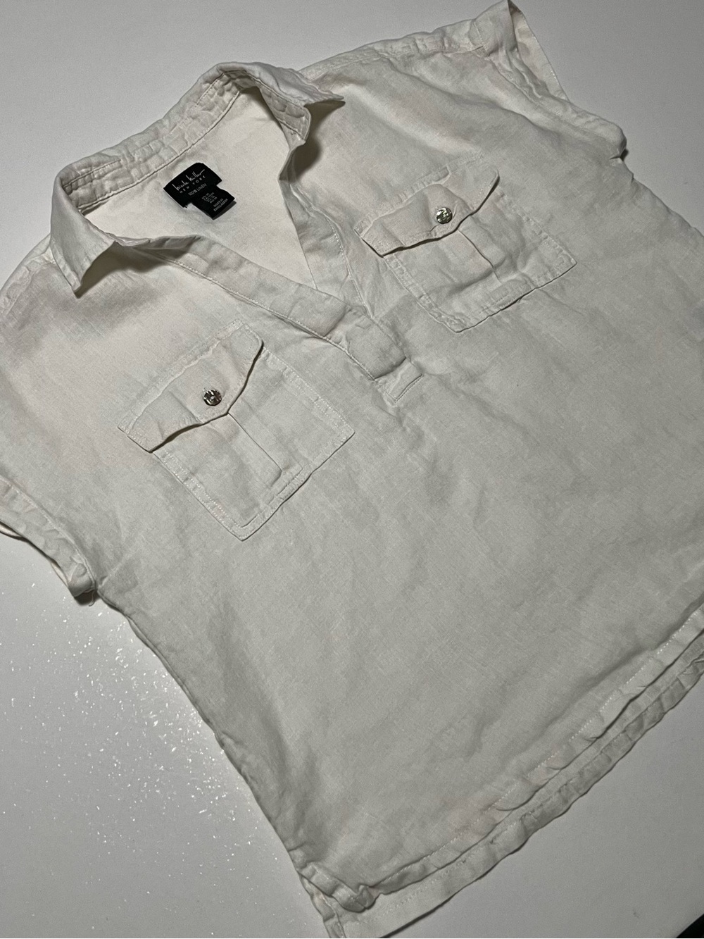 Men's White Linen Short-Sleeve Shirt with Chest Pockets